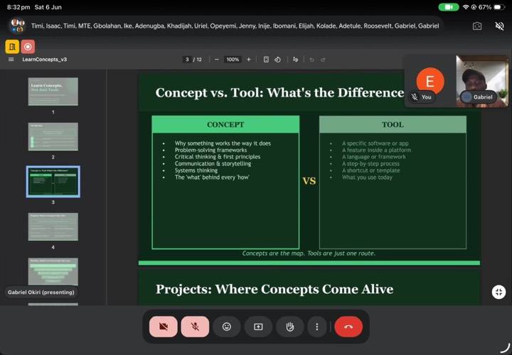 Gabriel presenting Learn Concepts, Not Just Tools on Google Meet